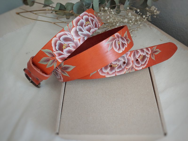 Orange leather belt for women Tooled leather belt Real leather belt Waist belt - เข็มขัด - หนังแท้ สีส้ม