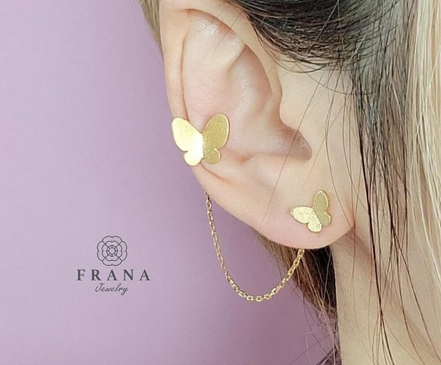 With chain・Butterfly ear cuff and piercing set [K18] - 設計館