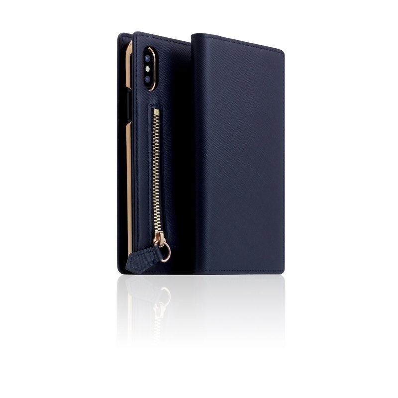 SLG Design iPhone Xs / X D5 ZIPPER 拉鍊包款 側掀真皮皮套- 藍 - 手機殼/手機套 - 真皮 藍色