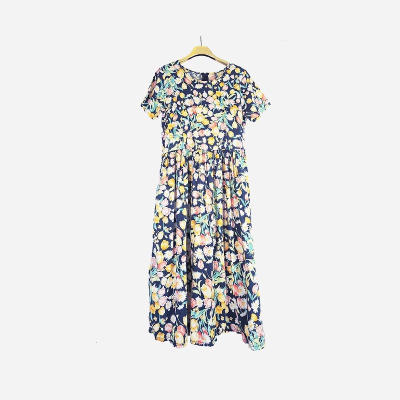Dislocation vintage / flower cotton dress no.967 vintage - ชุดเดรส - ผ้าฝ้าย/ผ้าลินิน สีน้ำเงิน