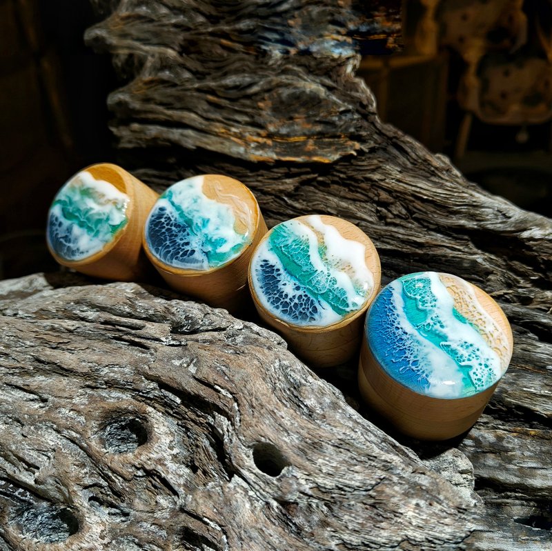 綠島手作/樹脂海浪海洋原木戒指盒飾品盒/收納盒木頭置物盒木製盒 - 禮物盒/包裝盒 - 木頭 藍色