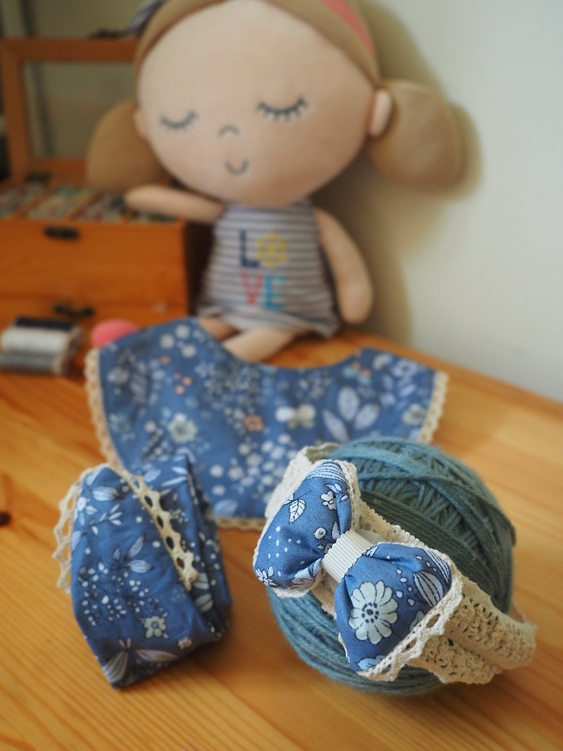 Handmade Baby kid Bib Elastic headband and hair clip gift set - Bibs - Cotton & Hemp Blue