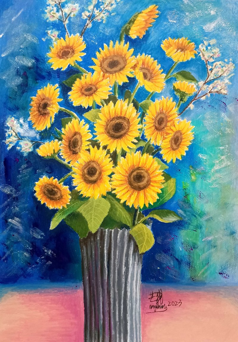 Facing Hope-Original Oil Pastel | Sunflower/Home Decoration Painting - โปสเตอร์ - กระดาษ สีเหลือง