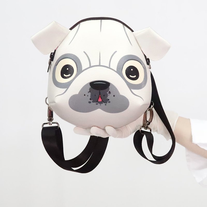 White pug mini backpack ,pug crossbody bag,hand painted bag, handmade backpack - Backpacks - Faux Leather White