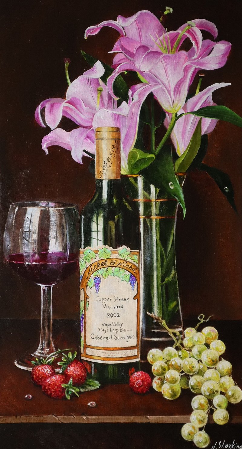 Original Still Life Oil Painting, Wine Bottle from Napa valley - Wall Décor - Other Materials Multicolor