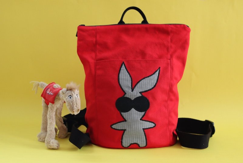 Bunny Couture daily backpack cotton canvas light pink - กระเป๋าเป้สะพายหลัง - ผ้าฝ้าย/ผ้าลินิน สีแดง