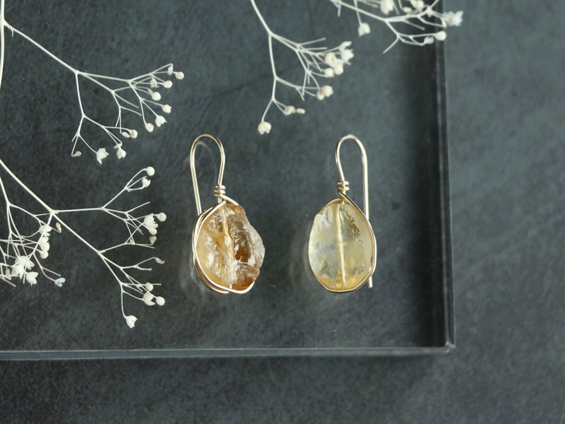14kgf-citrine rough wrap pierced earrings - 耳環/耳夾/耳骨夾 - 其他金屬 橘色