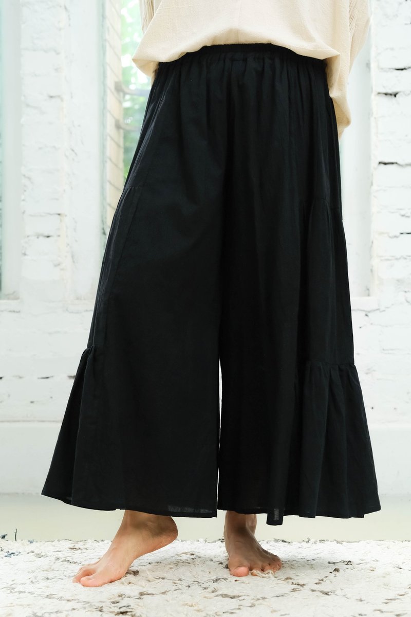 OMAKE sheer double-layered hem culottes/sarubu black - กางเกงขายาว - ผ้าฝ้าย/ผ้าลินิน สีดำ