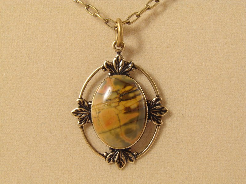 Yellow Olive Picasso Jasper Necklace Brass Leaf Oval Pendant Necklace Jewelry - Necklaces - Semi-Precious Stones Yellow