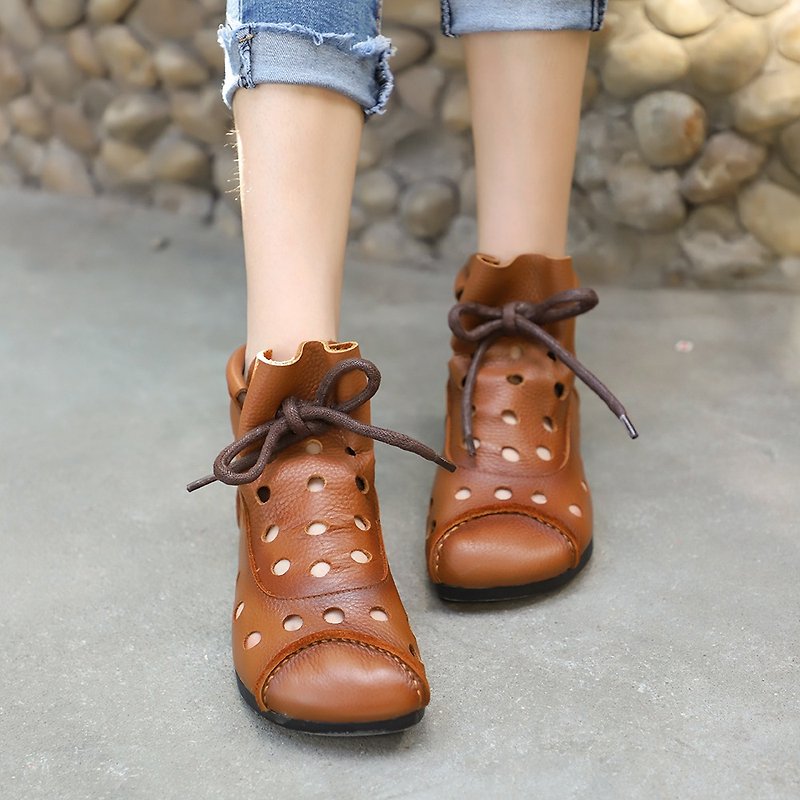 Summer cool boots handmade leather hollow short boots stitching casual hole women's boots - รองเท้ารัดส้น - หนังแท้ สีนำ้ตาล