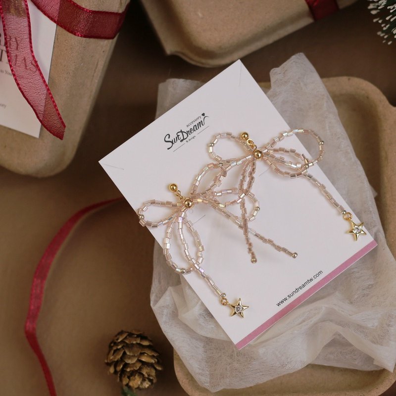 【クリスマスウィスパーライトギフトボックス】シャンパンピンク-クリスマスリボンピアス クリスマスギフト カスタムアルファベット - ネックレス - ステンドグラス レッド