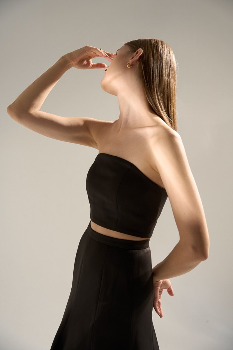 French luxury satin glossy two-piece dress - faux waistcoat cropped top - Women's Tops - Polyester Black