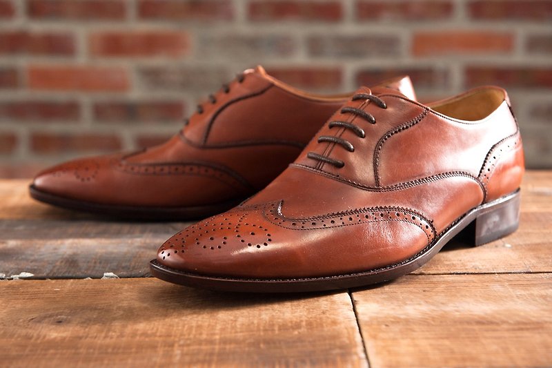 3/4 carved zigzag wing pattern Oxford shoes coke coffee gentleman shoes wedding shoes leather shoes men - รองเท้าอ็อกฟอร์ดผู้ชาย - หนังแท้ สีนำ้ตาล