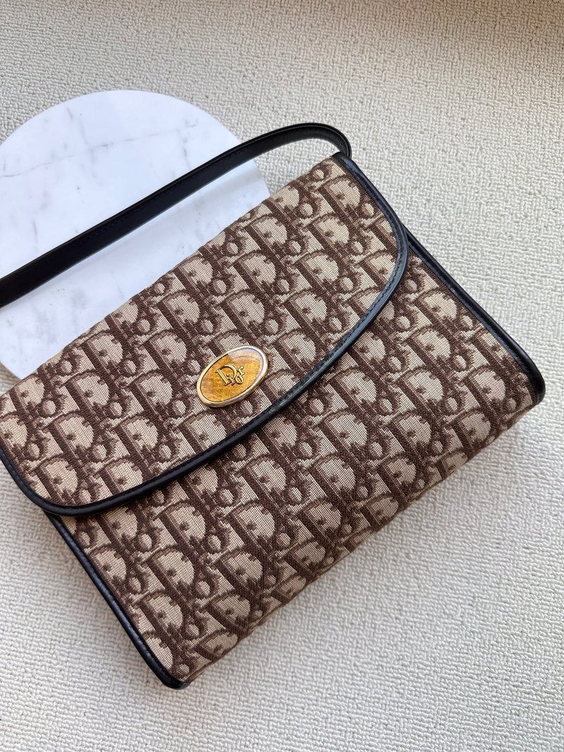 中古包 Christian Dior Vintage 棕色織花手提肩揹包 - 側背包/斜背包 - 棉．麻 咖啡色