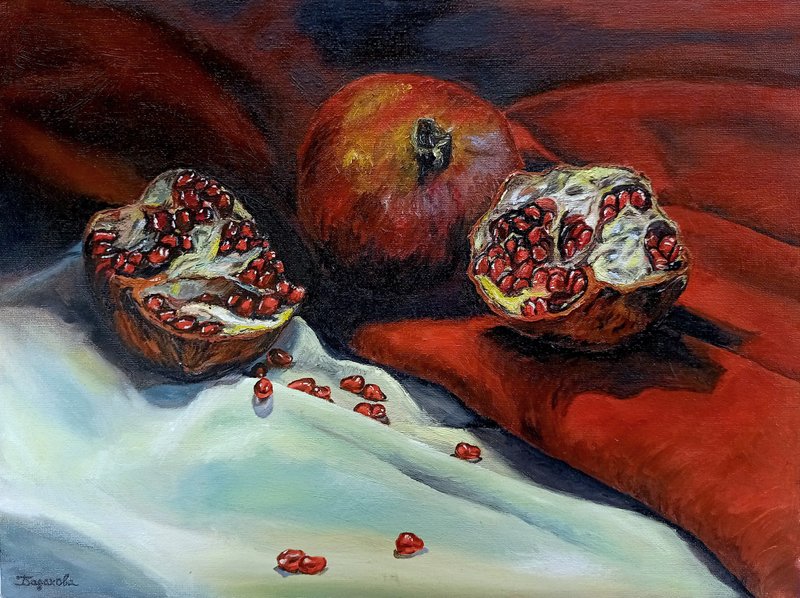 Pomegranate Painting Original Art On Canvas Still Life With Grenades Oil Artwork - 海報/掛畫/掛布 - 其他材質 多色