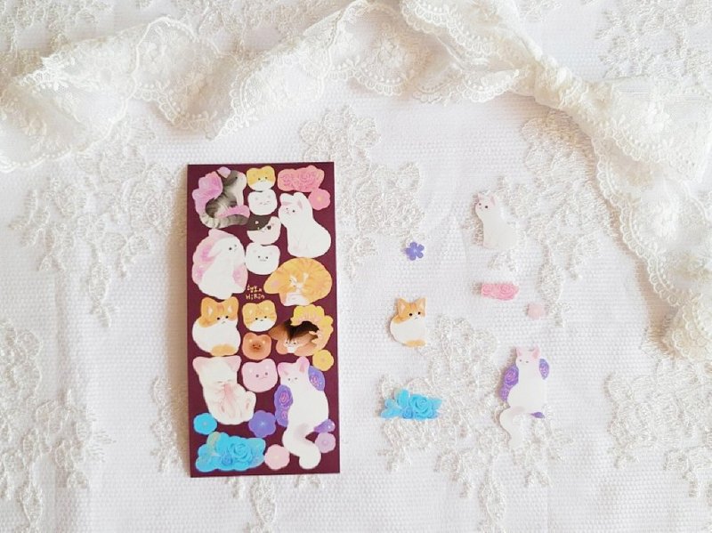 Flower cat - cute animal seal sticker (hirin) - 貼紙 - 紙 多色