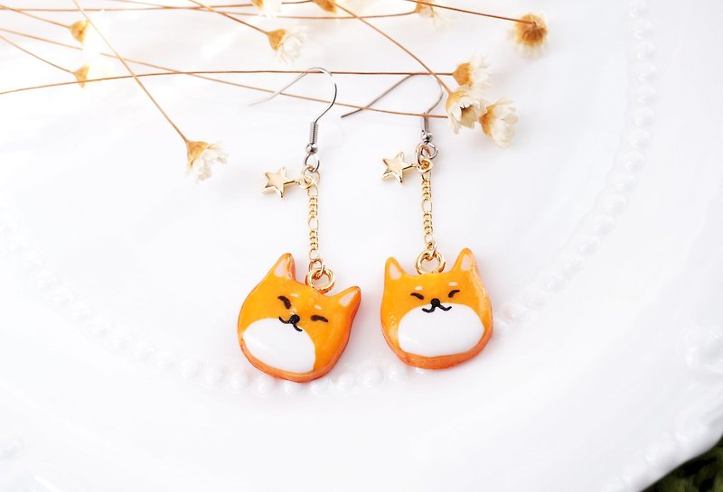 Enjoy the autumn breeze Shiba Inu sugar biscuit earrings / ear acupuncture / Clip-On - ต่างหู - ดินเหนียว สีส้ม