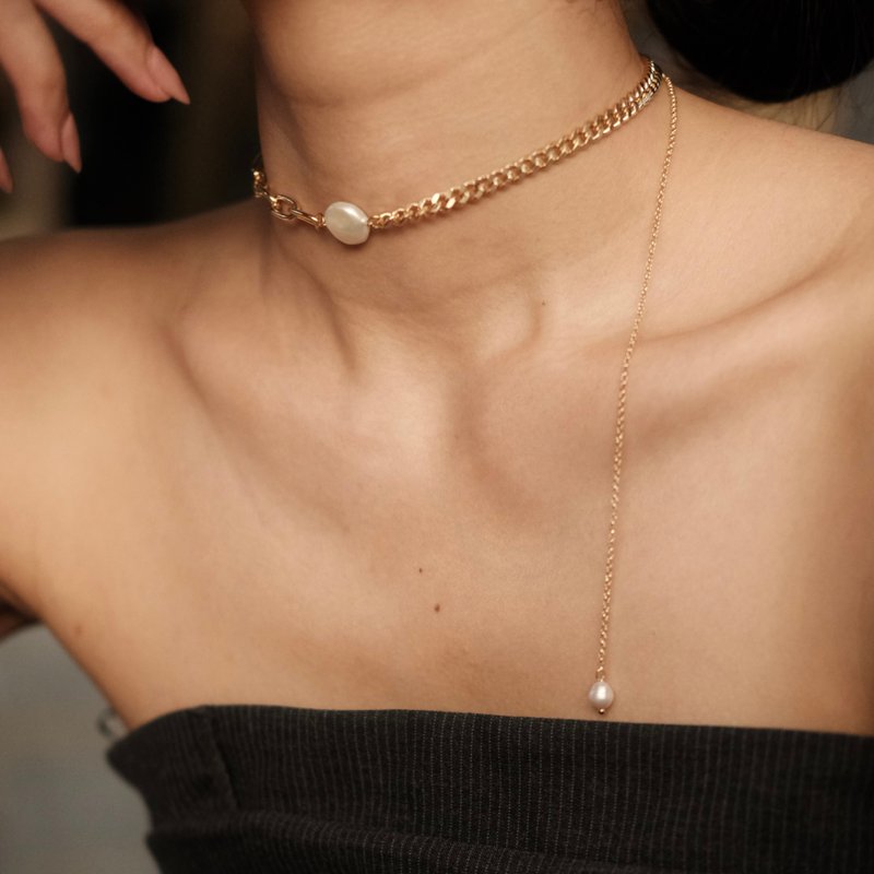 Glamour Drift 鈕扣淡水珍珠頸鍊・聖誕禮盒・客製化禮物 - 項鍊 - 珍珠 金色