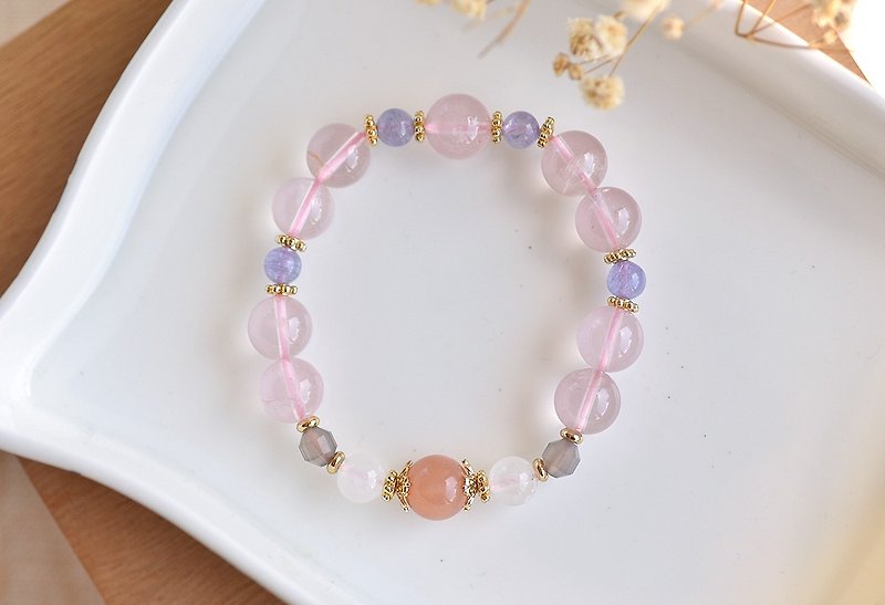 Rose quartz + tanzanite + moonstone + orange moonstone gold-plated crystal bracelet - Bracelets - Crystal Pink