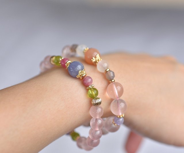 【68264】高品質 タンザナイト 5.3mm ブレスレット 天然石 ローズクォーツ + タンザナイト + ムーンストーン + オレンジ ムーン