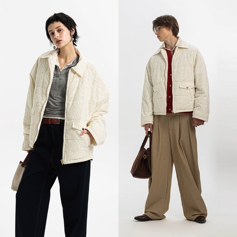【客製提花蕾絲】Unvesno(UN) 白色浪漫肌理鏤空翻領羽絨棉服外套 - 男夾克/外套 - 其他材質 