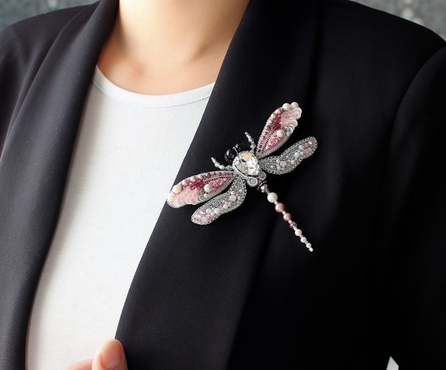 DRAGONFLY BROOCH, hand embroidered pink dragonfly brooch, costume jewelry brooch, Australian store designed and made jewellery for gifting