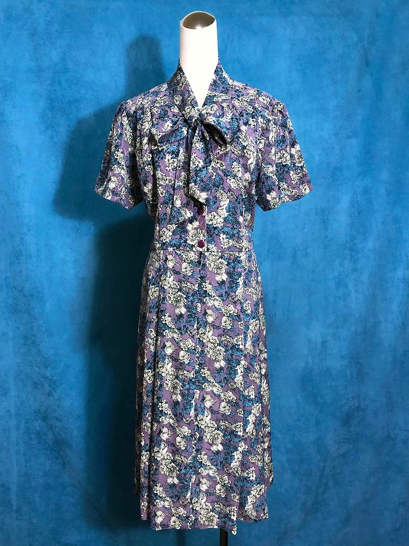 聚酯纖維 洋裝/連身裙 紫色 - 花朵織紋領結輕古董短袖洋裝/ 國外帶回 VINTAGE