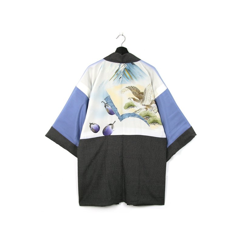 Back to Green-日本帶回男款羽織 黑底 老鷹 /vintage kimono - 男夾克/外套 - 絲．絹 