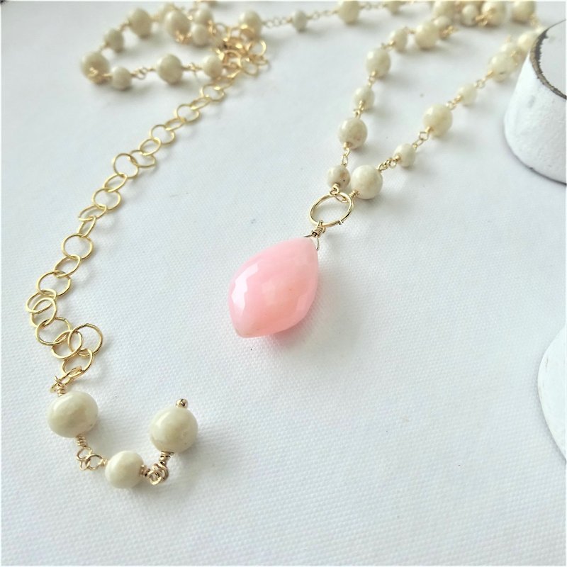 Pink Opal♡premium cutted TOP + Riverstone station necklace - สร้อยคอ - เครื่องเพชรพลอย สึชมพู