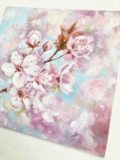 春の開花枝油絵花オリジナルアート花油絵 - ショップ Soulart