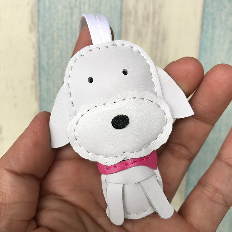 Healing small things white cute Maltese dog hand-stitched leather charm small size - พวงกุญแจ - หนังแท้ ขาว