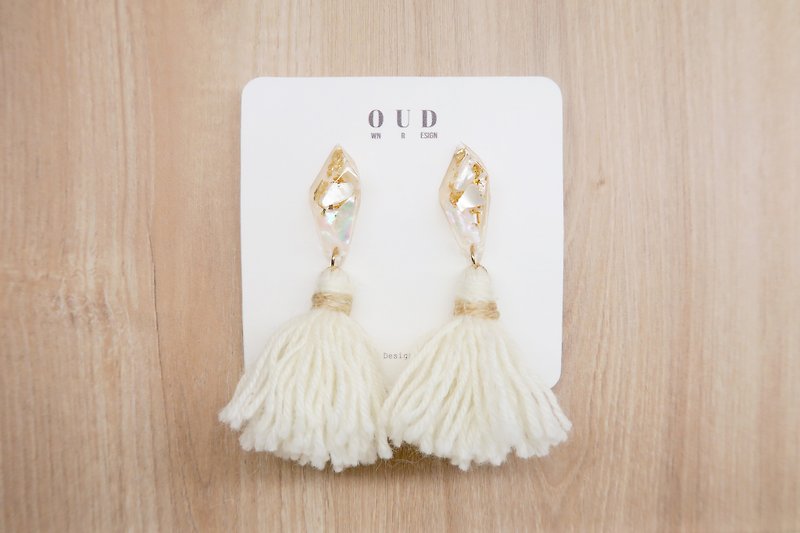 OUD Original-Natural Gem-14K gf-Natural MOP Woolen Tassel Dangle Earring/Clip-on - Earrings & Clip-ons - Shell White