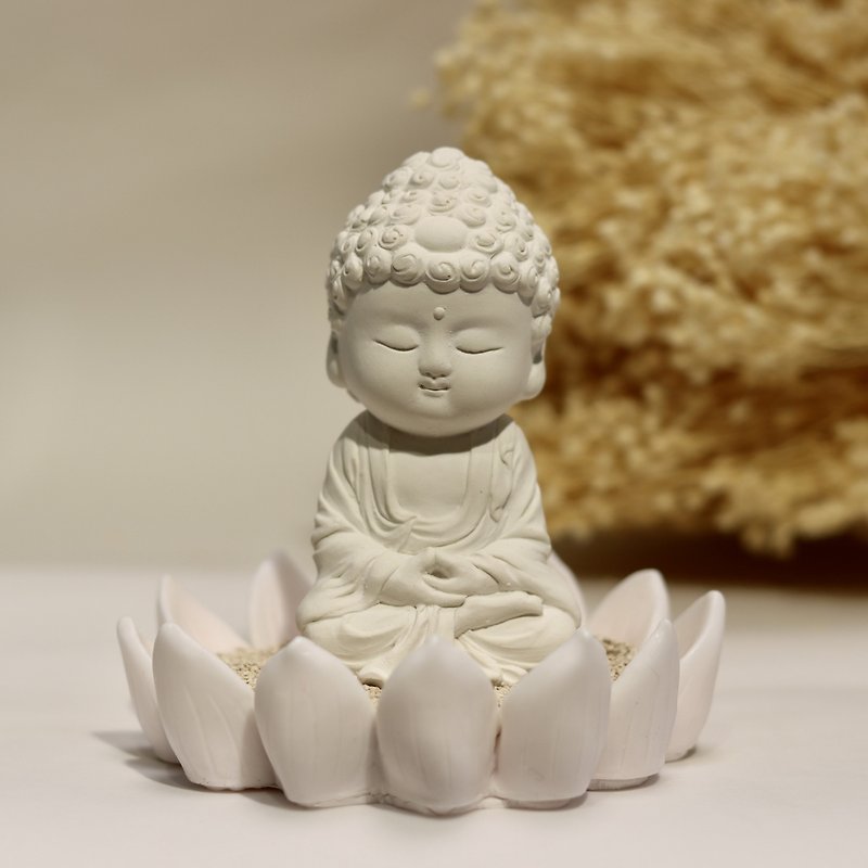 Miniature Small meditation Buddha 1801  w/Lotus dish holder set - Fragrances - Other Materials White