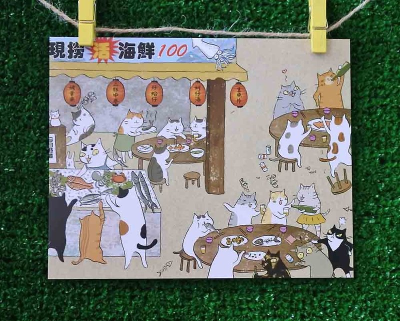 3貓小舖貓咪插畫明信片(畫家:貓小姐) – 熱炒100 - 心意卡/卡片 - 紙 