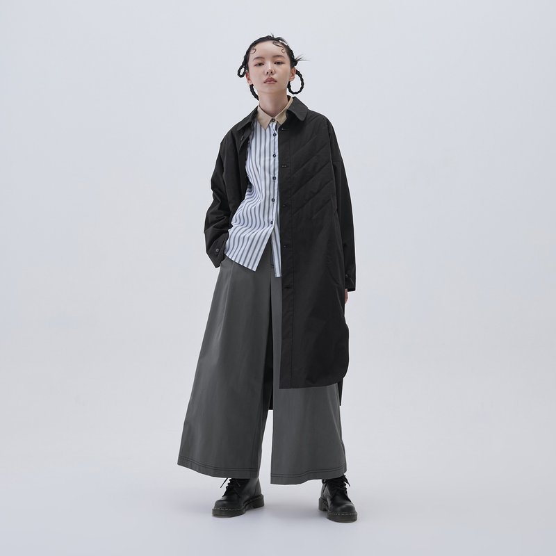 Block-paved cotton long shirt jacket - เสื้อแจ็คเก็ต - ผ้าฝ้าย/ผ้าลินิน สีดำ