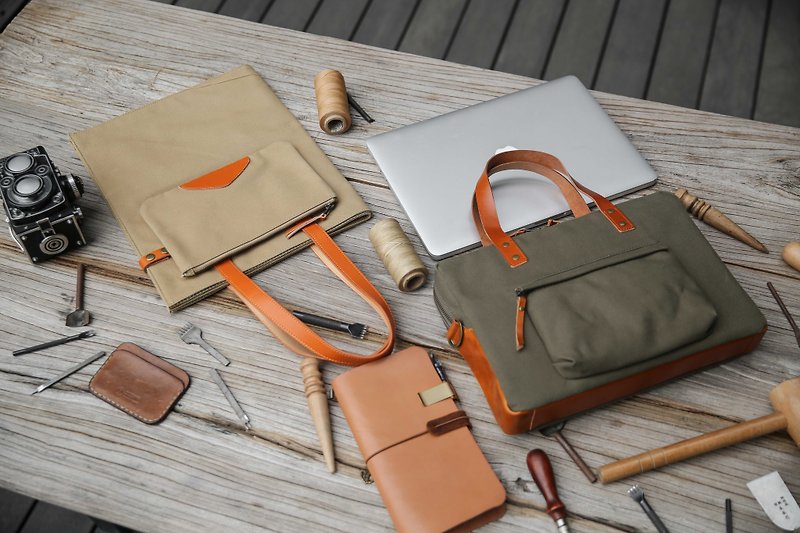 Official document value blessing bag / storage designer portable tote bag + detachable commuter storage laptop bag - Briefcases & Doctor Bags - Cotton & Hemp Green