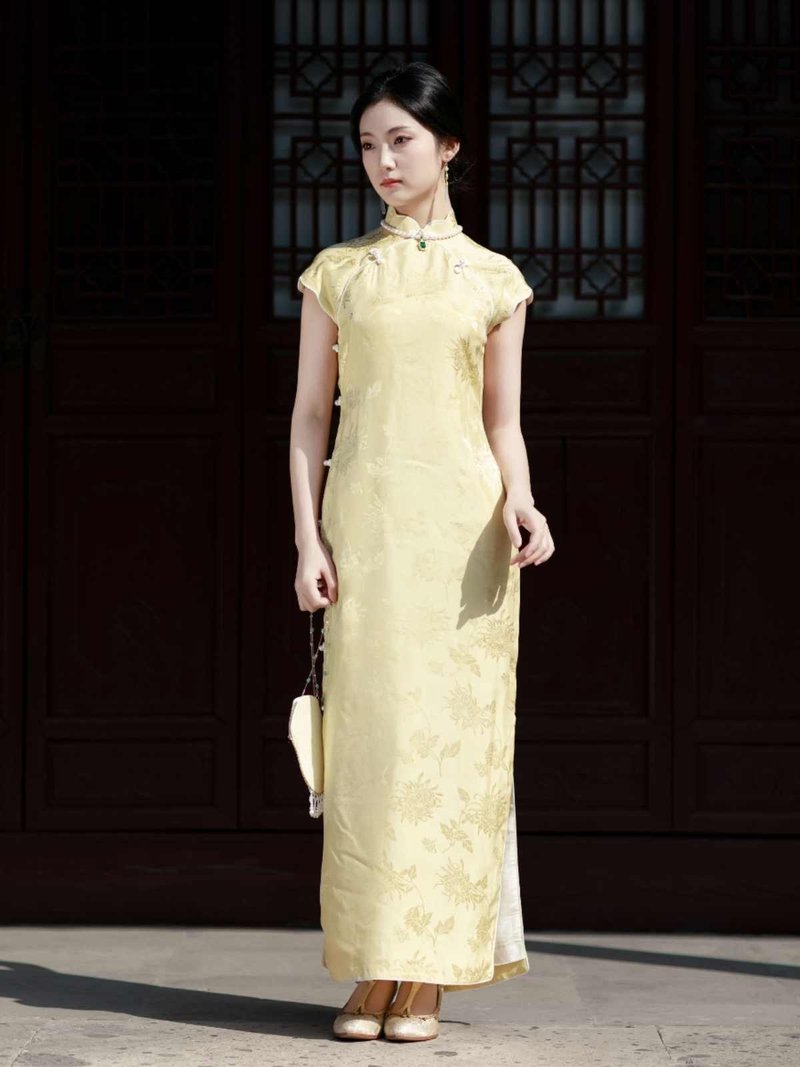 花瓣邊優雅民國風日常提花黃色減齡古法旗袍 - 旗袍/改良式旗袍 - 其他材質 黃色