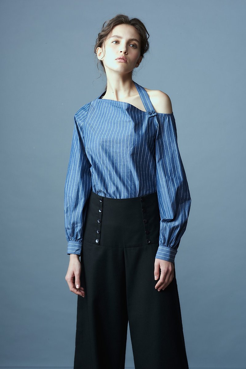 Blue striped shoulder top - Women's Tops - Cotton & Hemp Blue