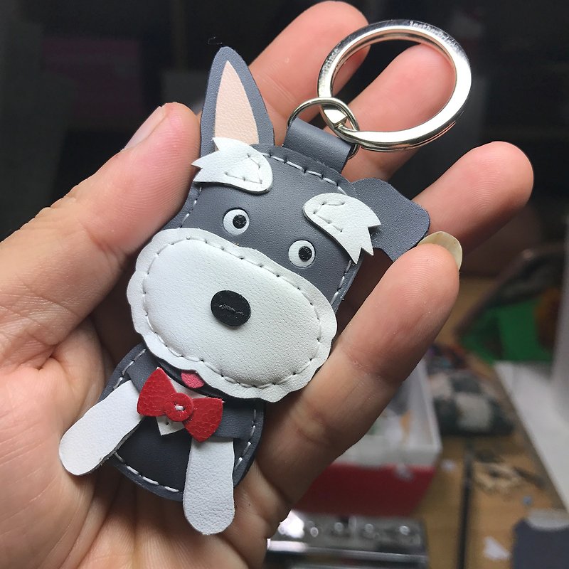 Healing small things gray cute schnauzer dog hand-sewn leather key ring small size - Keychains - Genuine Leather Gray