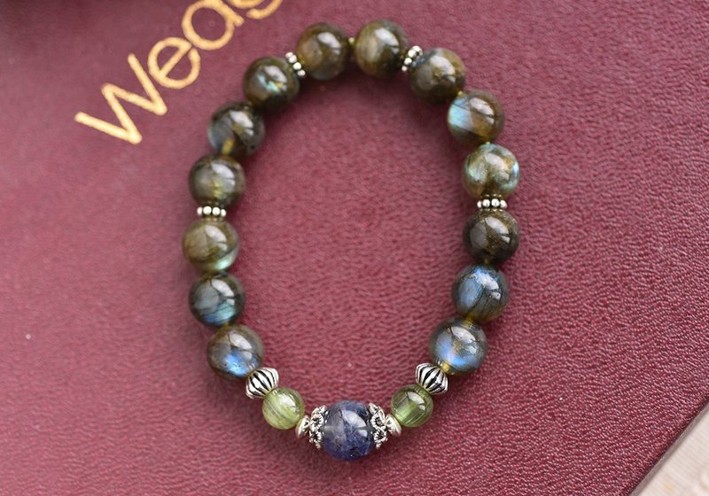 Iridescent Labradorite + Iolite + Green Stone Sterling Silver Crystal Bracelet - Bracelets - Crystal Black