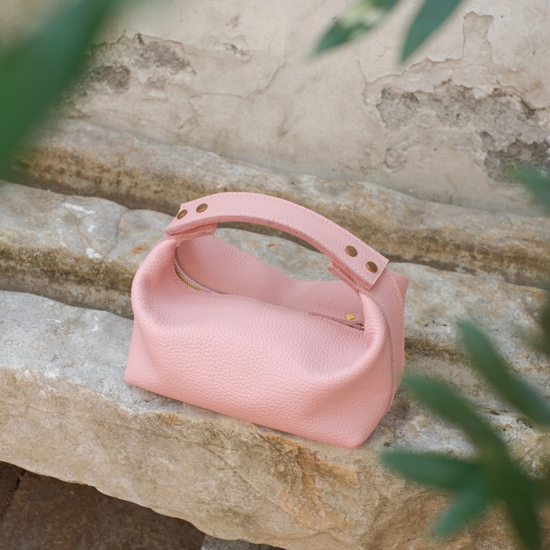 Pink lychee leather ladies handbag hand-sewn leather bag - กระเป๋าถือ - หนังแท้ สึชมพู