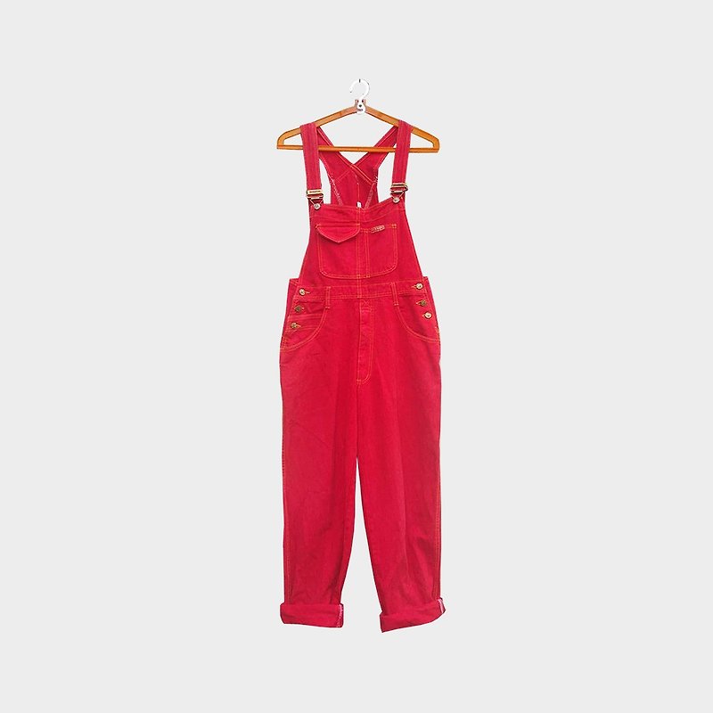 Ancient red suspenders denim pants - จัมพ์สูท - เส้นใยสังเคราะห์ สีแดง