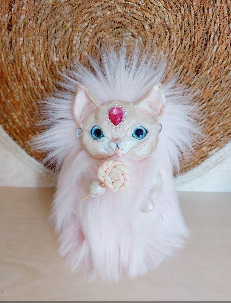 Lucky cat Fur cat Pink cat Cat polymer clay Soft cat - Stuffed Dolls & Figurines - Wool Pink