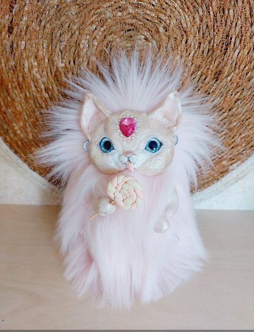 handmadedoll Lucky cat Fur cat Pink cat Cat polymer clay Soft cat
