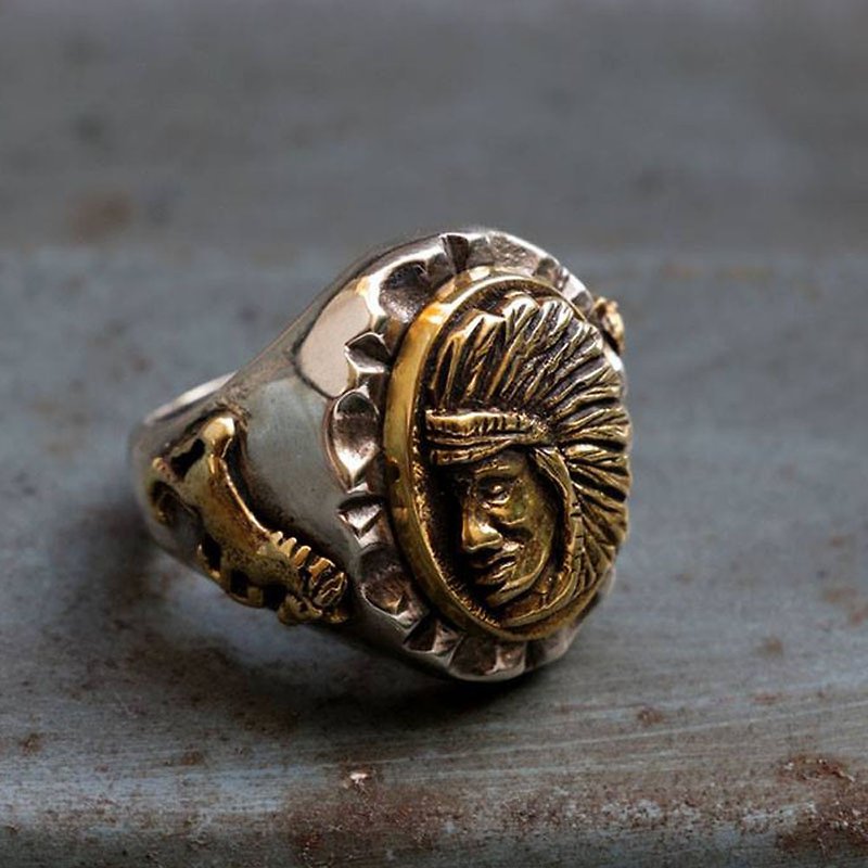 แหวนอินเดียแดง ไบค์เกอร์ นักขี่มอเตอร์ไซด์ กะโหลก วินเทจ แม็กซิกัน  - แหวนทั่วไป - โลหะ สีเงิน