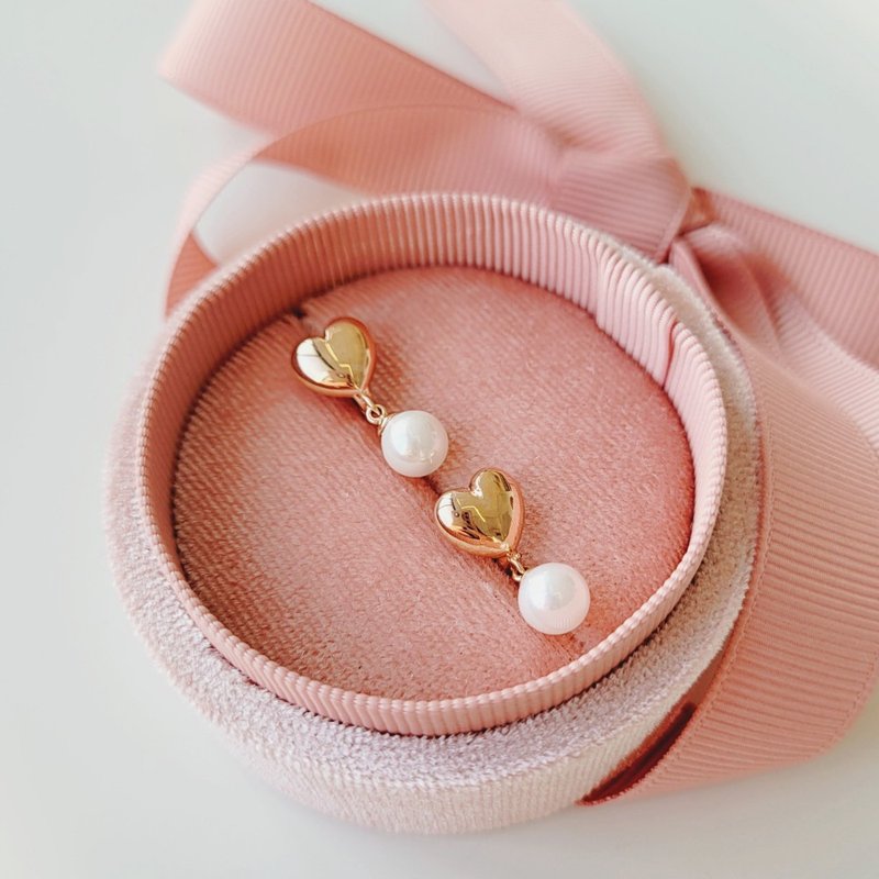 14k Pearl Heart Shaped Earring - ต่างหู - โรสโกลด์ หลากหลายสี