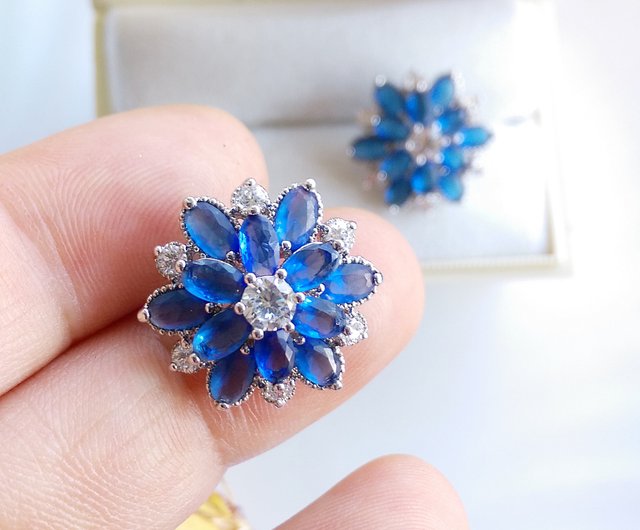 blue diamond flower earrings