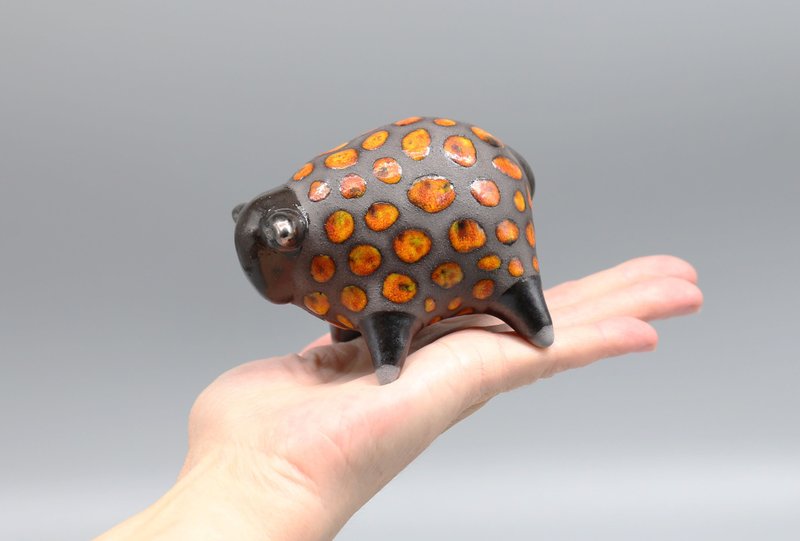 Handmade Ceramic Sheep Sculpture – Black and Orange Art Figurine - 擺飾/家飾品 - 陶 橘色