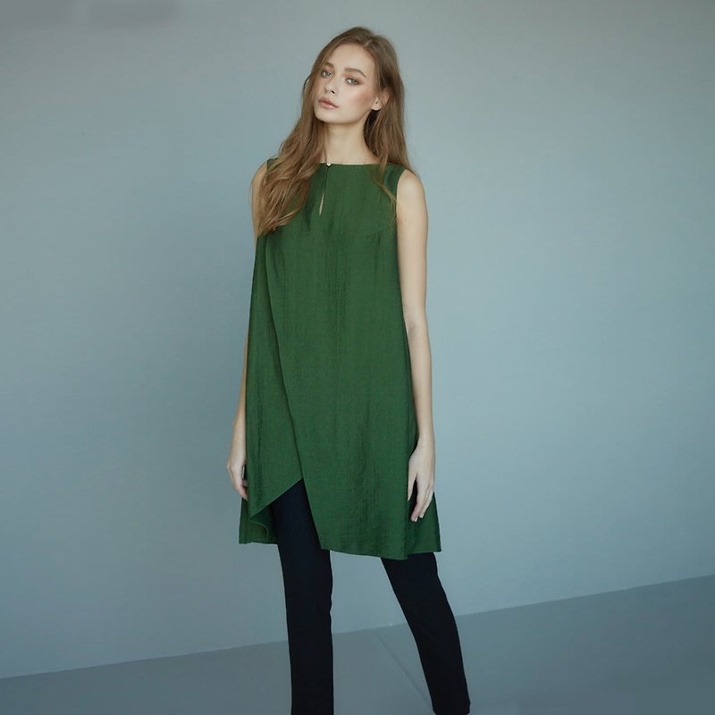 Off neckline irregular A-line dress - เสื้อผู้หญิง - วัสดุอื่นๆ สีเขียว