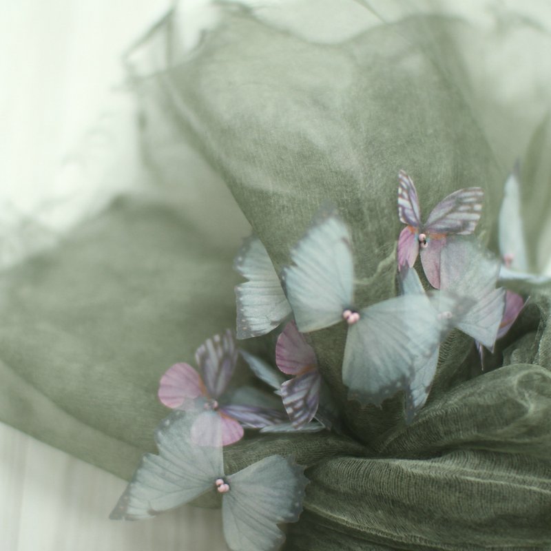 Silk Knit Scarves & Wraps Green - Butterfly gauze piece + deep and light color crinkled silk tulle double layer scarf olive green Scarf